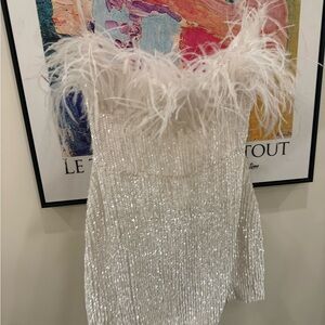 Retrofete White Sequin Mini Dress with Feather Trim